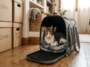 Gato en transportín preparado para la mudanza con manta familiar para reducir estrés