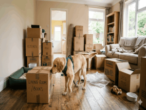 Mascota explorando su nuevo hogar después de la mudanza