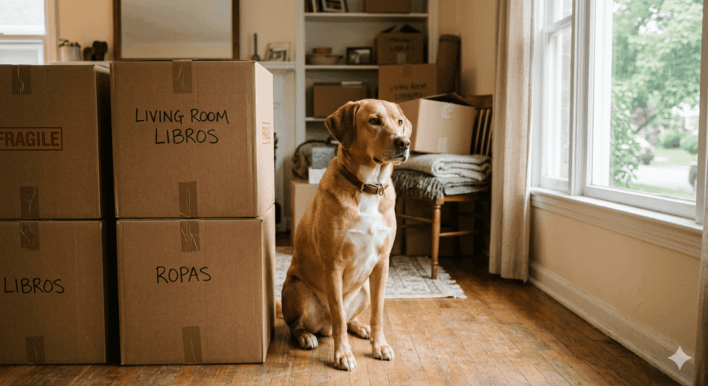 Mudanzas con mascotas - perro tranquilo junto a cajas de mudanza en el salón